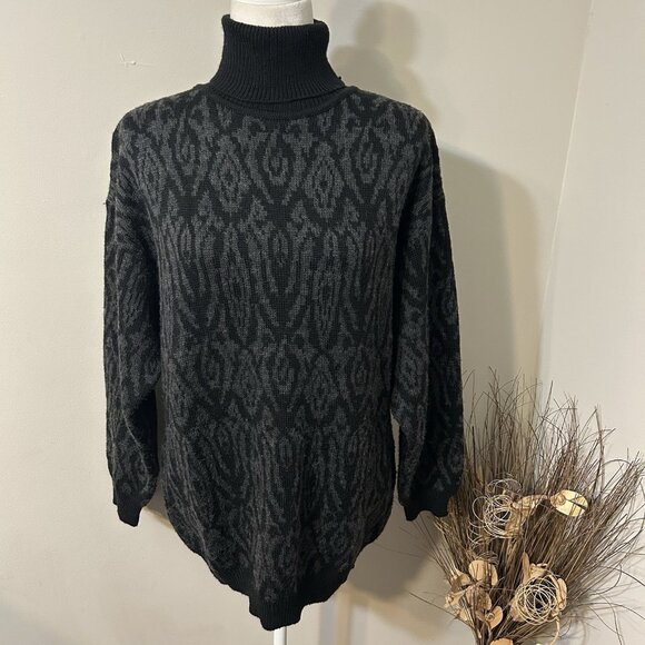VTG Russ Studio Women Sweater Turtleneck Black Gray Paisley Wool Blend Sz M - Picture 1 of 5